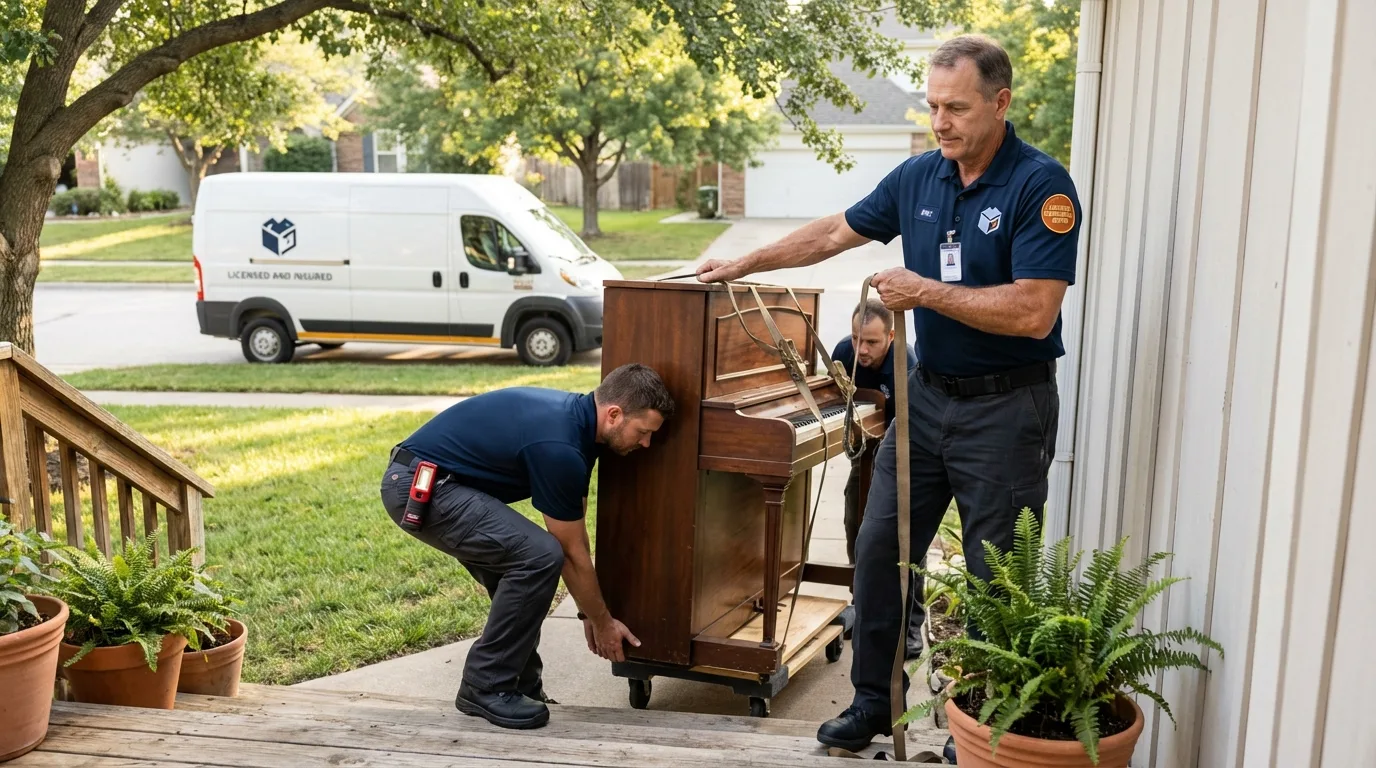 Licensed piano movers securing grand piano in Pikesville, MD