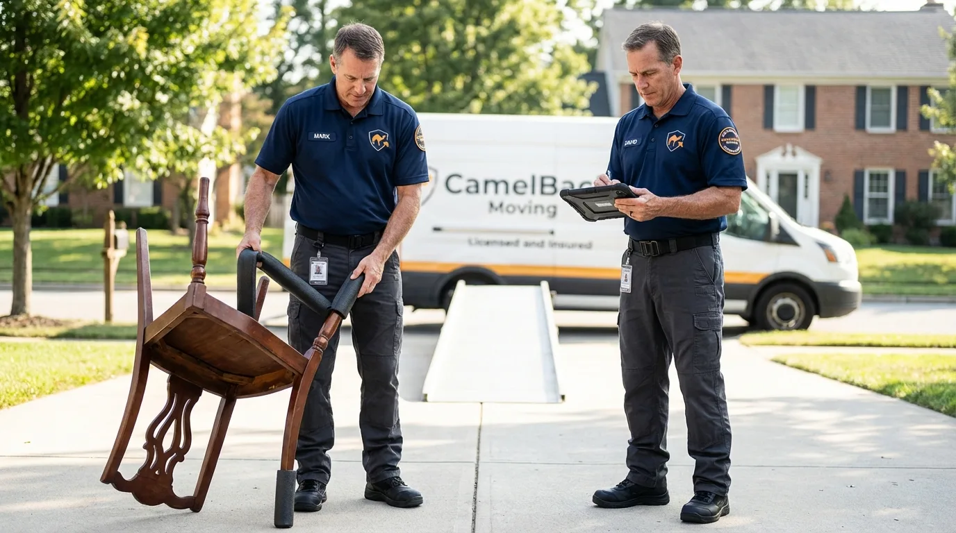 Movers inspecting furniture for damage prevention before loading in Pikesville, MD