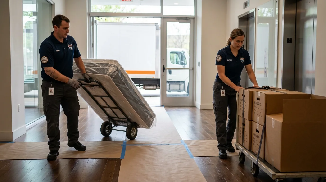 Professional apartment movers loading elevator in Pikesville, MD