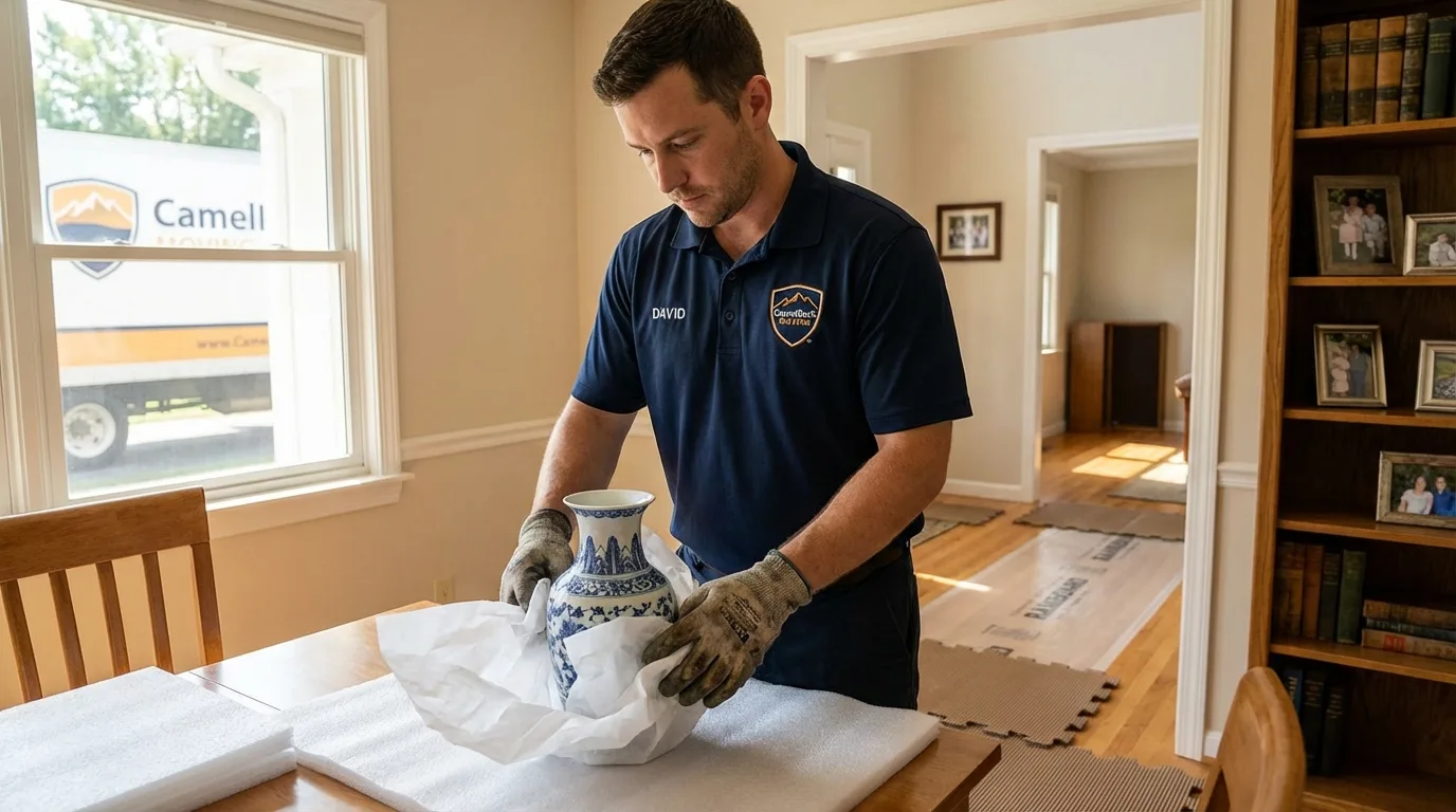 Professional crew carefully wrapping antique vase for senior downsizing move in Pikesville, MD