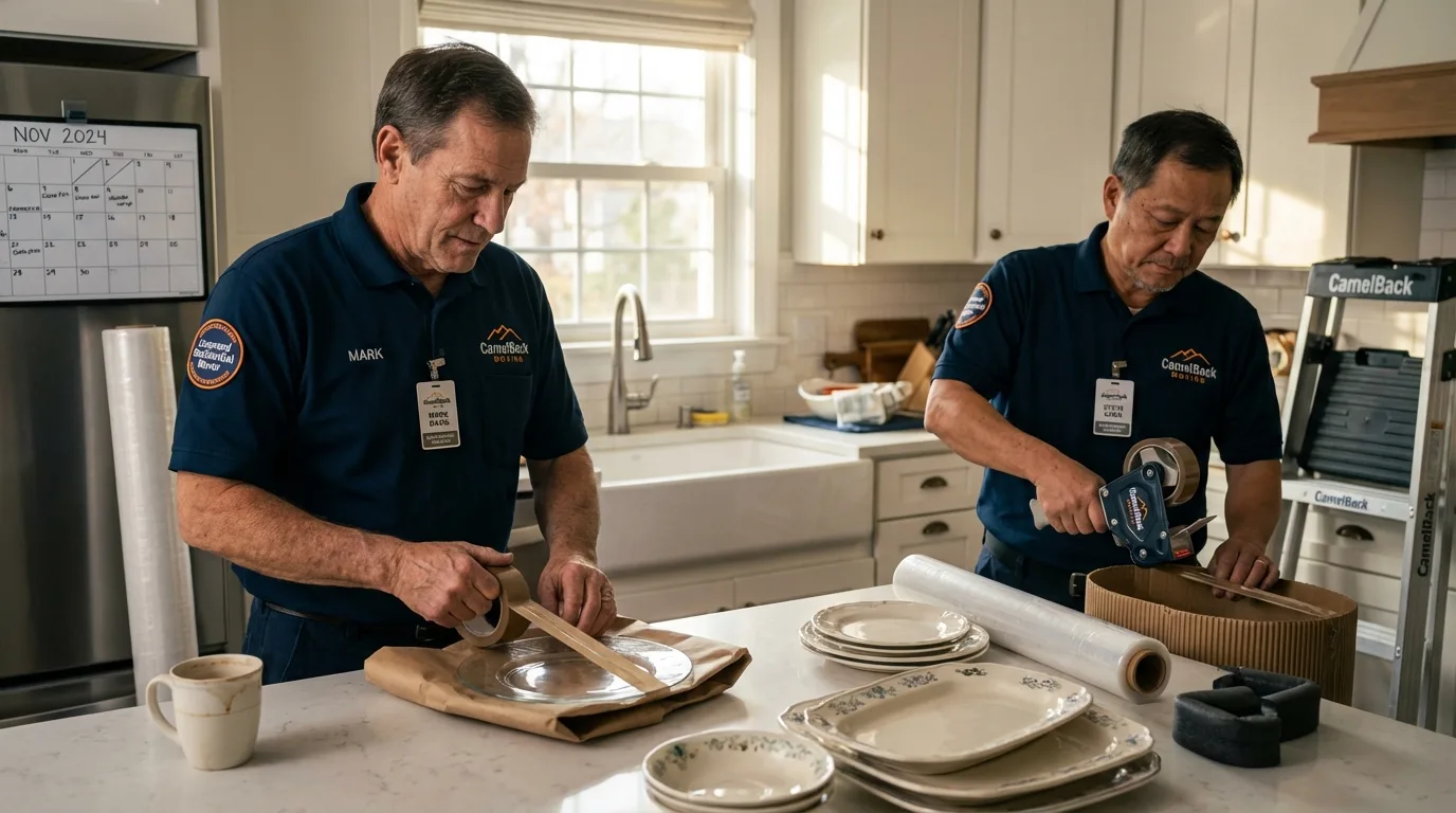 Professional crew packing kitchen dishware in Pikesville, MD